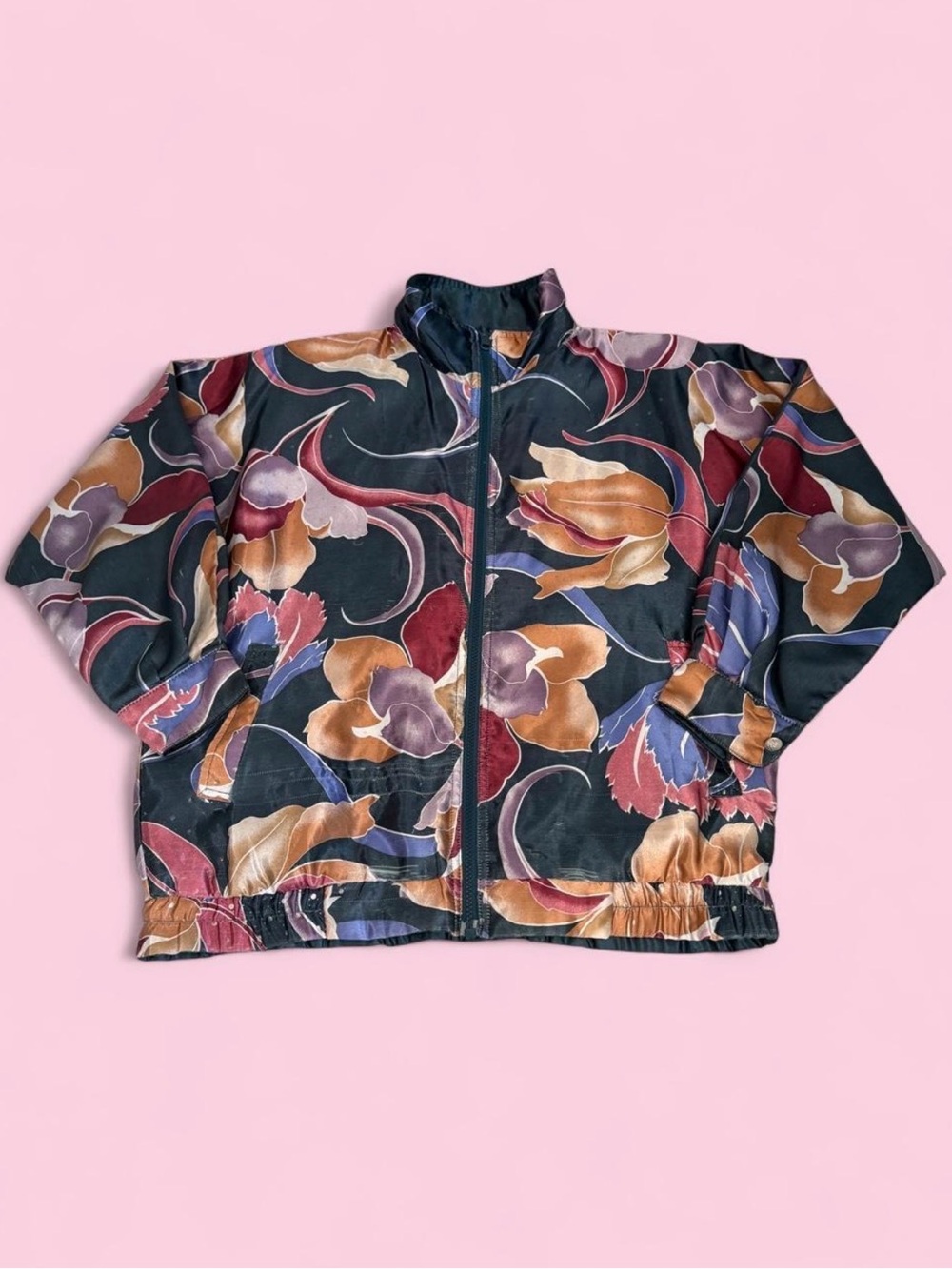 Vintage Whimsical Maximalist Floral Print Satin Zip-Front Reversible Jacket